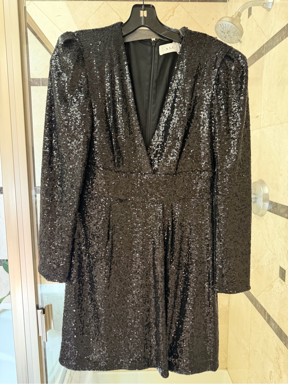 A.L.C. Black Sequin V-Neck Long Sleeve Mini Dress